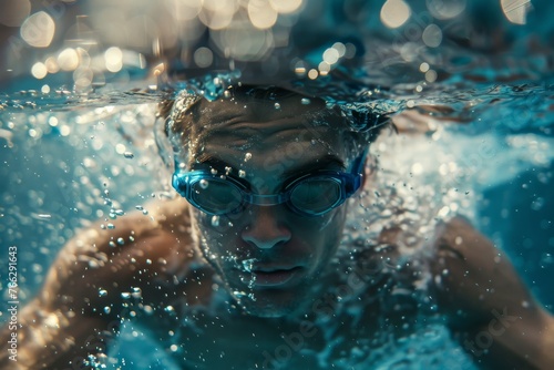 A Male swimming in underwater with goggles © KP