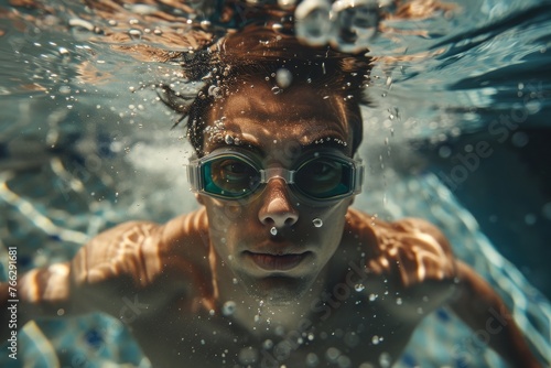 A Male swimming in underwater with goggles © KP