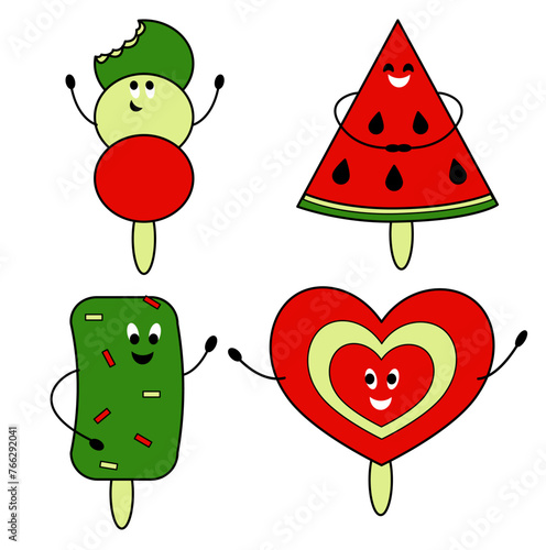 A group of isolated objects on a white background in the form of popsicle ice cream of different shapes and flavors. 