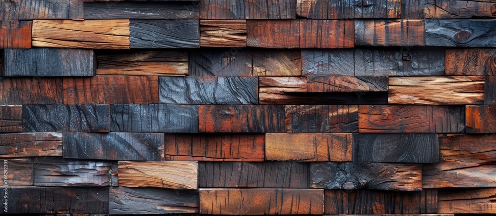 A detailed shot of a hardwood wall constructed with wooden blocks, resembling brickwork. The facade showcases the beauty of natural wood as a building material A detailed shot of a hardwood wall constructed with wooden blocks, resembling brickwork. The facade showcases the beauty of natural wood as a building material