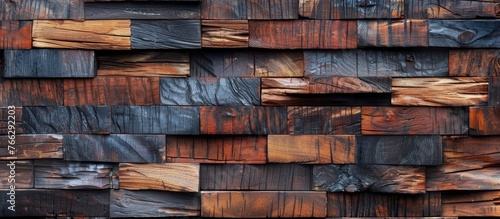 A detailed shot of a hardwood wall constructed with wooden blocks  resembling brickwork. The facade showcases the beauty of natural wood as a building material