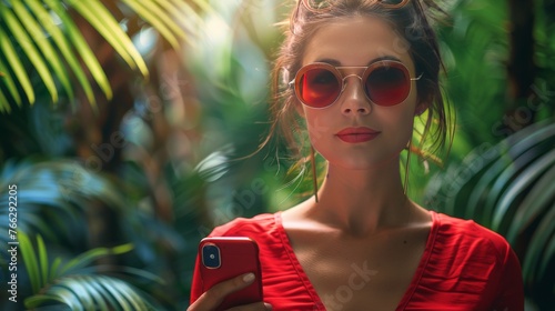 Woman in Red Top Holding Cell Phone