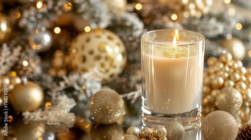 Candle in Glass Surrounded by Christmas Decorations