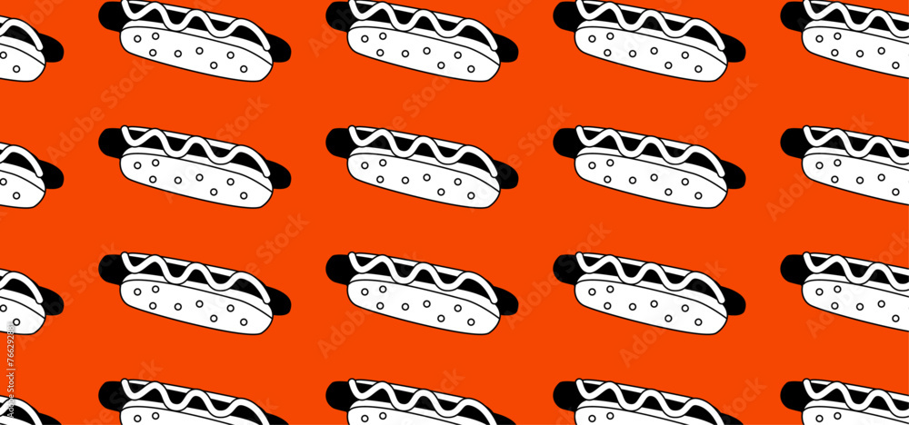 Hot dog with mustard on red background. Seamless pattern with fast food. Design for menu, poster and food blog.	