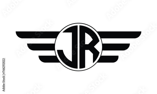 JR initial letter circle wings icon gaming logo design vector template. batman logo, sports logo, monogram, polygon, war game, symbol, playing logo, abstract, fighting, typography, minimal, wings logo