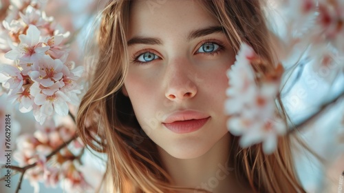 Woman With Blue Eyes and Flower in Hair