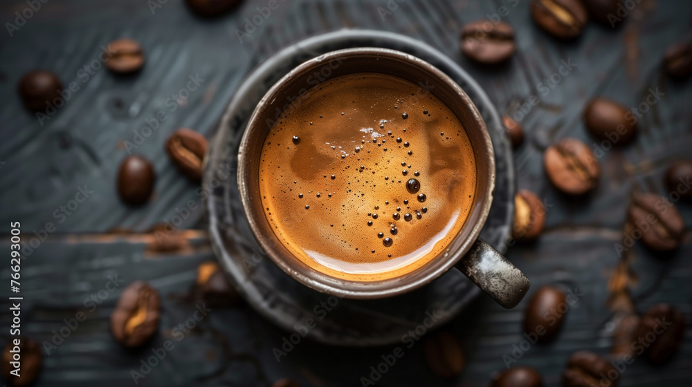 Coffee Cup with beans on table. - obrazy, fototapety, plakaty 