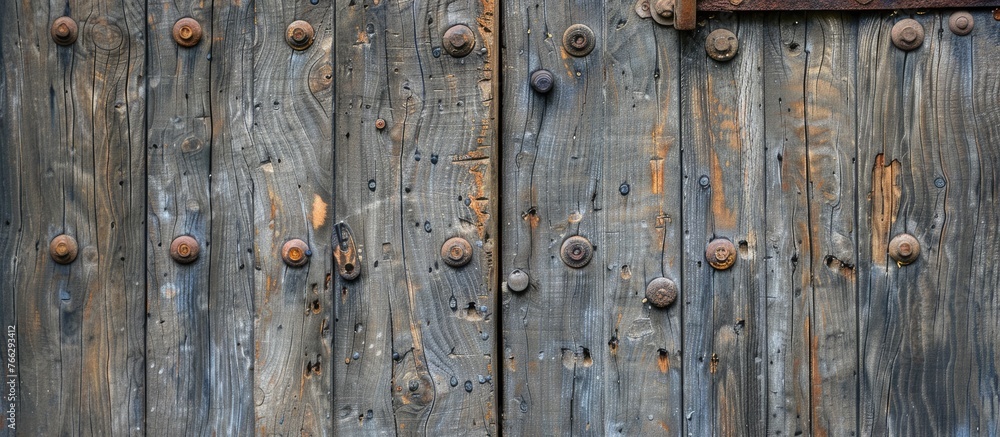 A detailed close up of a hardwood door with rusty nails, showcasing the natural material and intricate pattern of the wood grain and metal accents A detailed close up of a hardwood door with rusty nails, showcasing the natural material and intricate pattern of the wood grain and metal accents