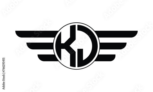 KJ initial letter circle wings icon gaming logo design vector template. batman logo, sports logo, monogram, polygon, war game, symbol, playing logo, abstract, fighting, typography, minimal, wings logo