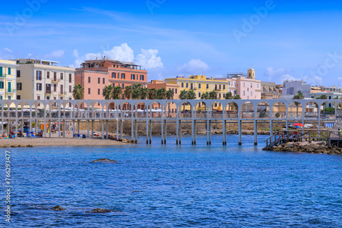 Cityscape of Civitavecchia in Italy: view of Pirgo beach with its pedestrian bridge. 