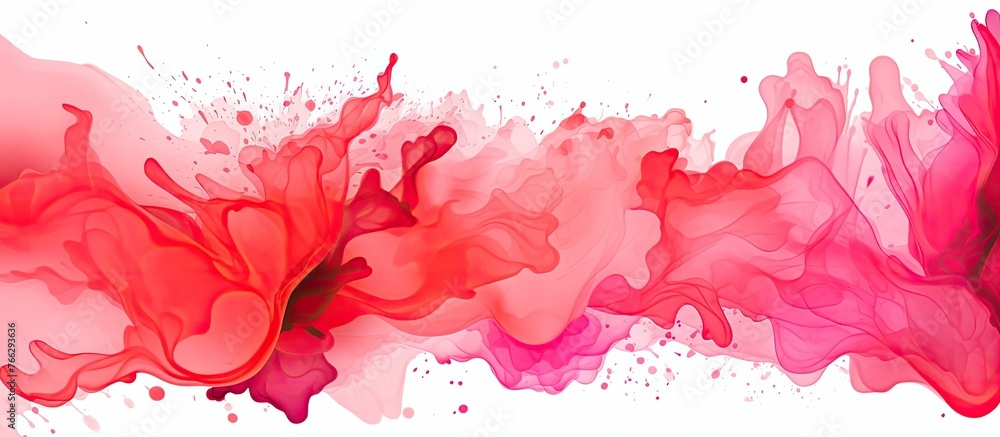 Vivid red and soft pink liquid bursting and splattering on a clean white backdrop Vivid red and soft pink liquid bursting and splattering on a clean white backdrop