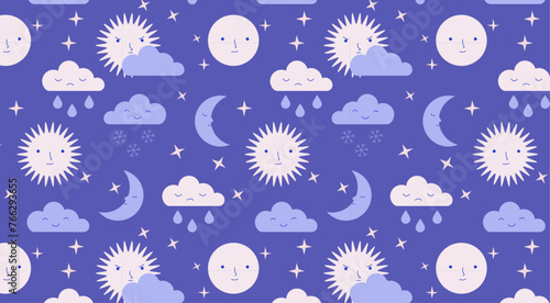 Night sky seamless pattern with smiling sun, moon, stars, and clouds in pastel colours. Baby room decoration and textile design. Weather patterns illustration. 