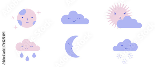 Cute weather elements. Flat design illustrations of a sun, moon, stars, and clouds with faces. Nursery decor and children's book illustration concept
