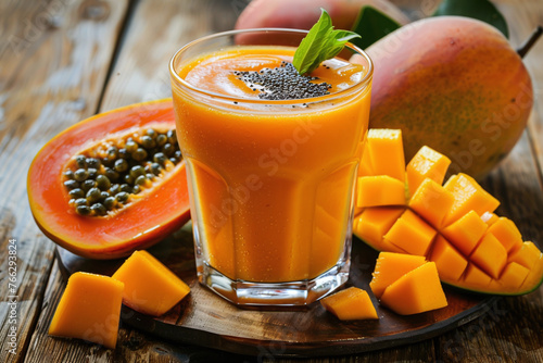 A glass of mango and papaya smoothie, a delicious and healthy breakfast
