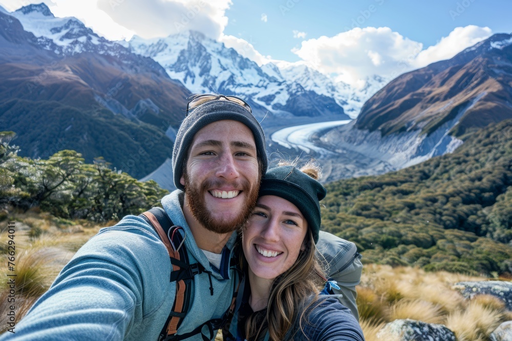 Happy Couple Selfie with Majestic Mountain Backdrop, Smiling couple shares a moment in a mountainous landscape