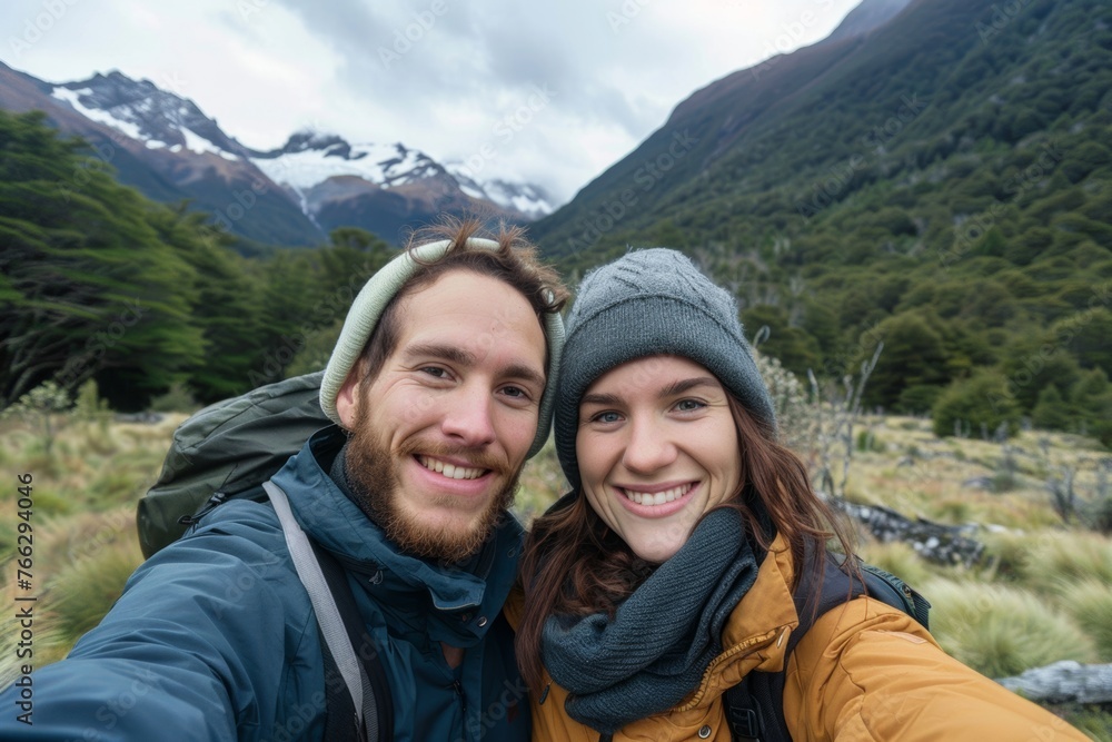 Adventurous Couple's Selfie with Majestic Mountain Backdrop, Smiling couple takes a selfie with a stunning glacier and mountainous landscape