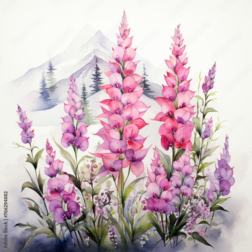 Watercolor foxglove clipart with tall spires of colorful flowers - obrazy, fototapety, plakaty 
