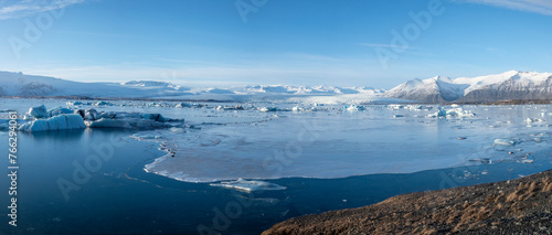 Panoramic of ice lake in front of glacier tongue