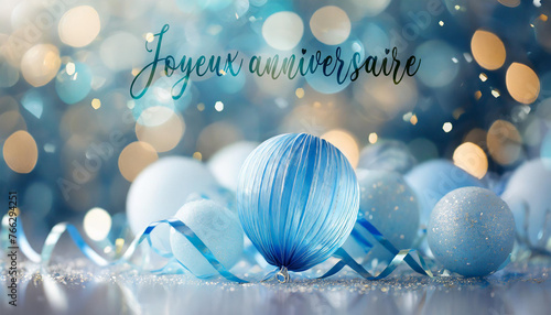 illustration d'une carte pour souhaiter un joyeux d'anniversaire représenté par des boules de couleur bleue et des rubans sur un fond avec des ronds de plusieurs couleur en effet bokeh