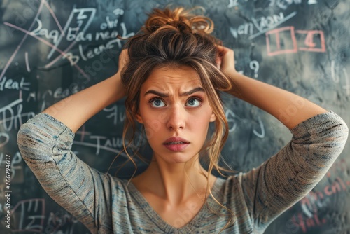 Frustrated Young Woman Feeling Overwhelmed with Complex Math Problems on Blackboard Behind