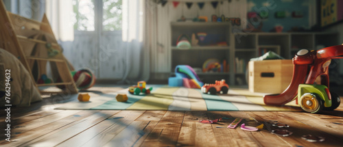 Playful morning light in a child s room with scattered toys and colorful decor.