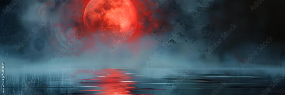 a painting of a red moon rising over a body of water in front of a dark