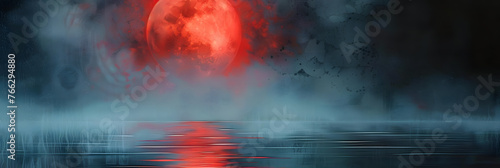 a painting of a red moon rising over a body of water in front of a dark