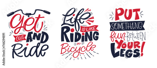 Cute hand drawn doodle lettering quote about bike and ride. 100% vector