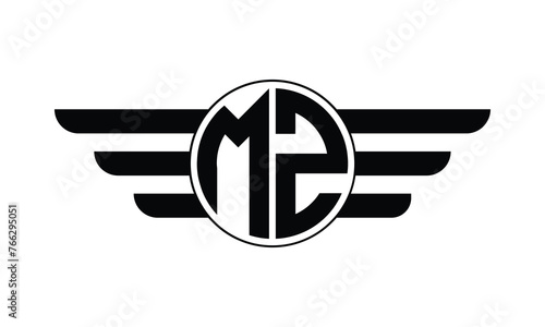 MZ initial letter circle wings icon gaming logo design vector template. batman logo, sports logo, monogram, polygon, war game, symbol, playing logo, abstract, fighting, typography, minimal, wings logo