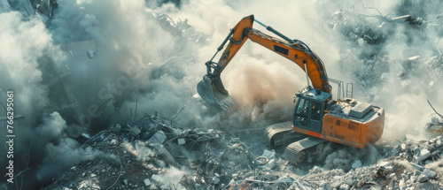 Excavator amid rubble demonstrates construction amidst destruction.