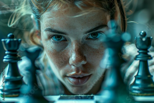 Intense Female Chess Player Focused on Strategy and Game Board with Chess Pieces in Foreground