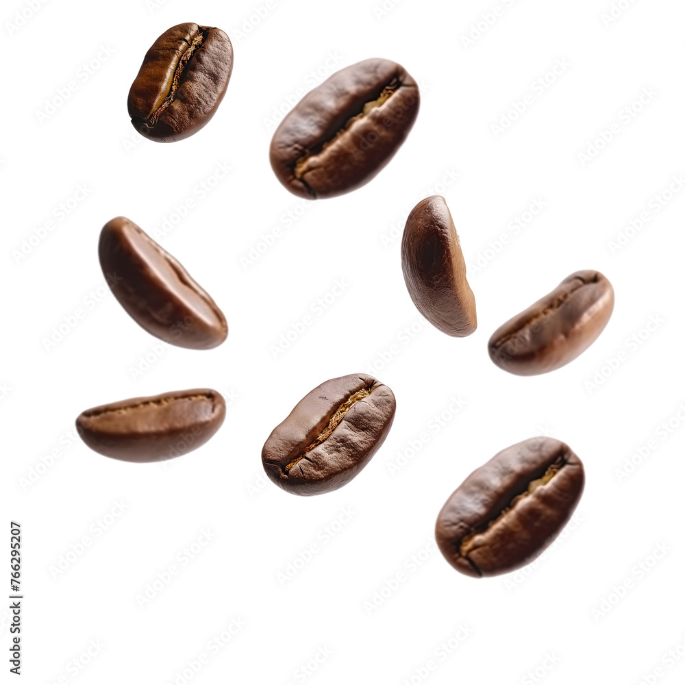 Fototapeta premium coffee beans flying isolated on transparent background Generative Ai