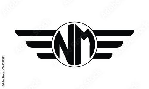 NM initial letter circle wings icon gaming logo design vector template. batman logo, sports logo, monogram, polygon, war game, symbol, playing logo, abstract, fighting, typography, minimal, wings logo