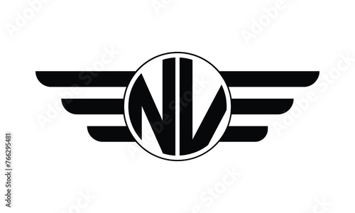 NV initial letter circle wings icon gaming logo design vector template. batman logo, sports logo, monogram, polygon, war game, symbol, playing logo, abstract, fighting, typography, minimal, wings logo