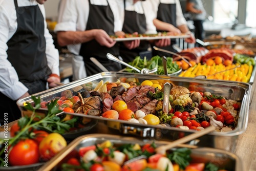 A group of chefs are preparing a large buffet of food, including a variety of meats, vegetables, and fruits