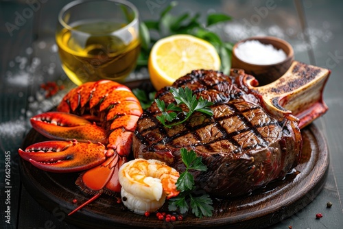 A plate of food with a steak, shrimp, and lemon slices. The plate is on a wooden table