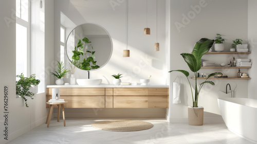 A Scandinavian-inspired bathroom with light wood accents, clean lines, and minimalist decor for a serene and clutter-free