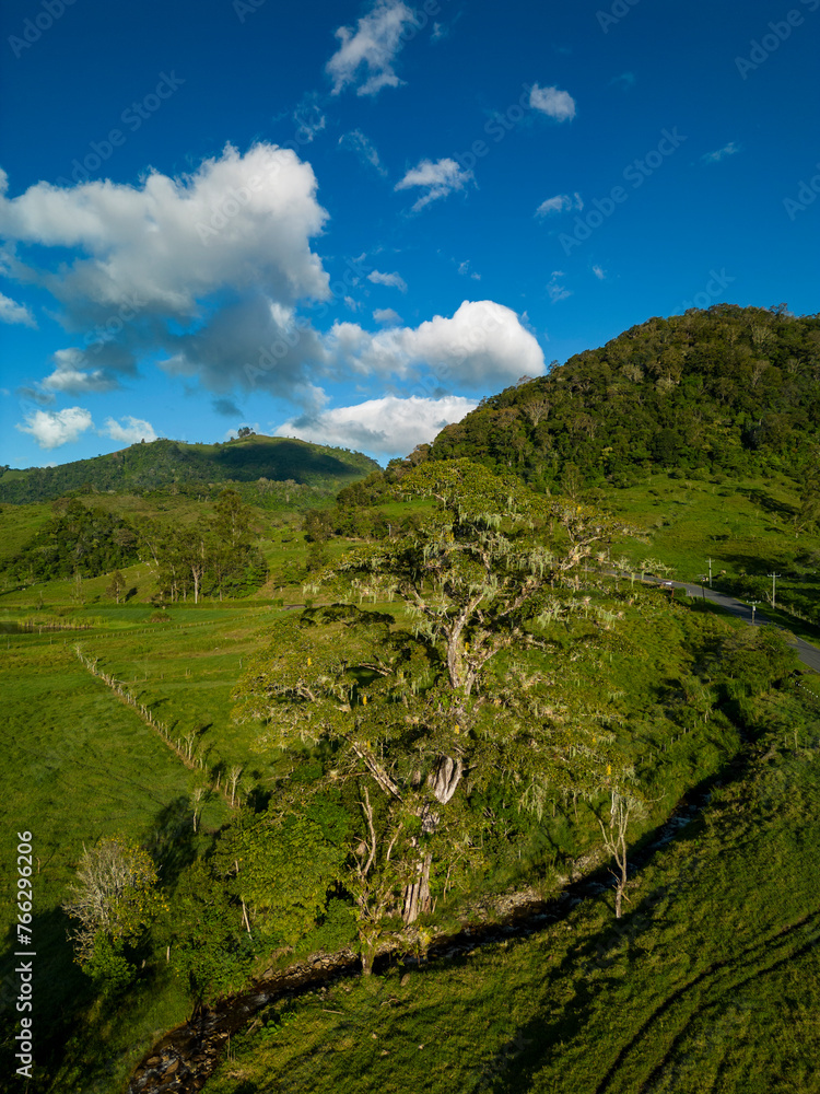 Aerial view of rural landscape farms with green patchwork pasture, Chiriqui, panama - stock photo