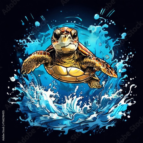 Serene turtle gracefully swimming through water amidst trail of bubbles. For fashion, clothing design, animal themed clothing advertising, as illustration for interesting clothing style,Tshirt design.