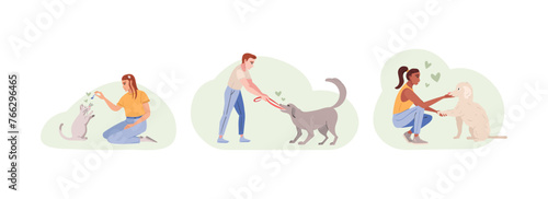 Set of composition with pet owners and trainers characters working with dog training obedience. Playing with pets, spending time with cats and dogs concept