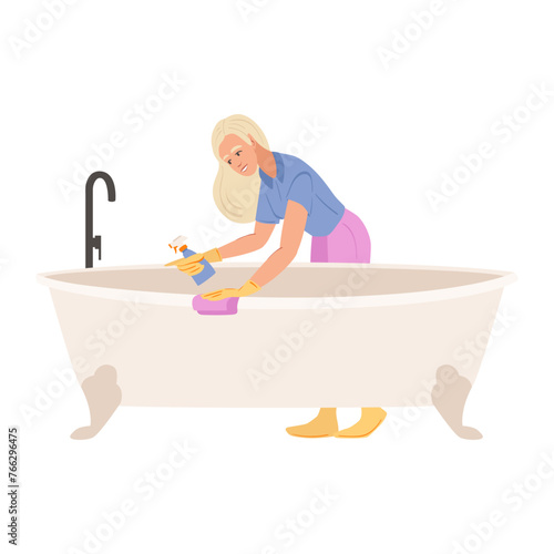 Woman washing bathtub with detergent and sponge. Housewife at home. Housemaid cleaning the apartment, bathroom. Cleaning service. Cleaner app. Flat illustration.
