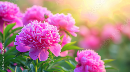 Beautiful pink peonies bloom in the garden in the sun s rays. Floral banner.