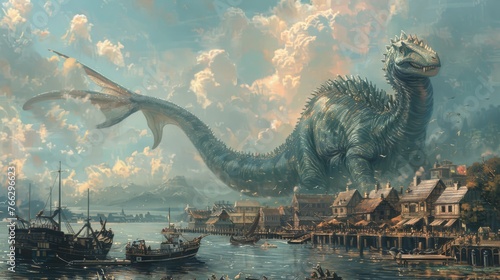 Giant Serpentine Monster Looming Over Ancient Seaport Town 
