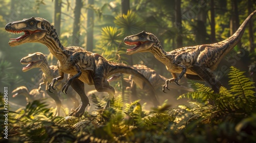 Velociraptor Pack Running Through Ferns in a Misty Prehistoric Forest