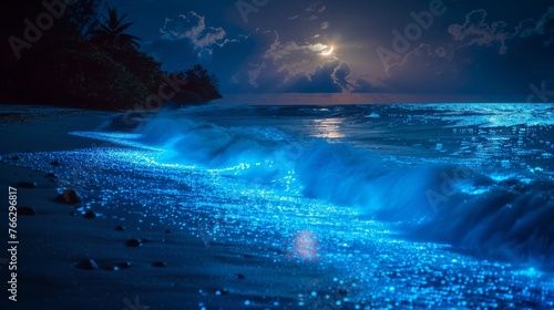 Bioluminescent waves on a moonlit beach glowing blue