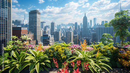 Urban Rooftop Garden: A Serene Oasis Amidst City Skyscrapers photo