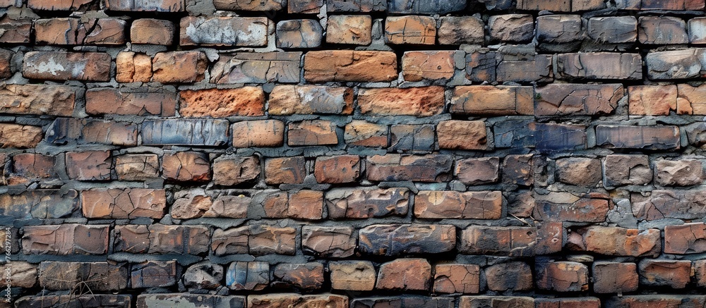 A detailed closeup of a brick wall showcasing the intricate pattern of overlapping rectangular bricks, highlighting the beauty of brickwork in building facades