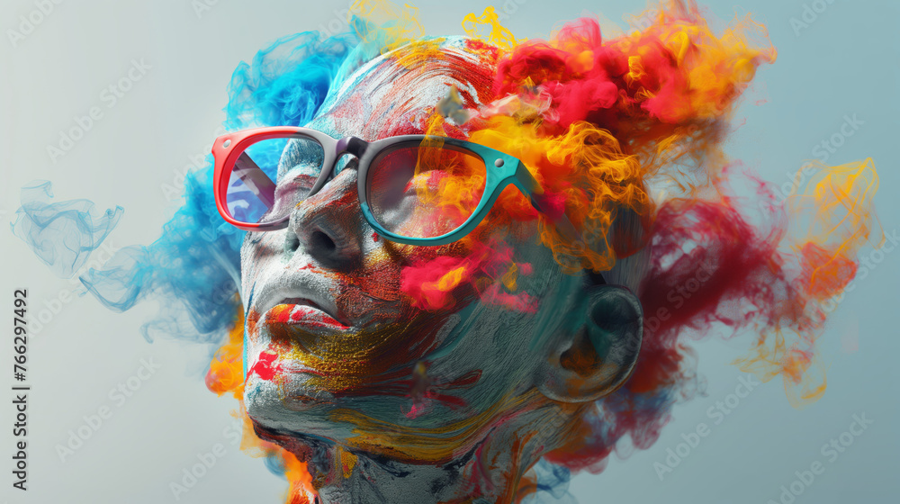 Abstract Portrait in Explosive Colorful Paint Clouds