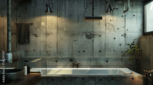 A modern industrial bathroom with exposed pipes  concrete walls  and sleek black fixtures for an edgy and urban look