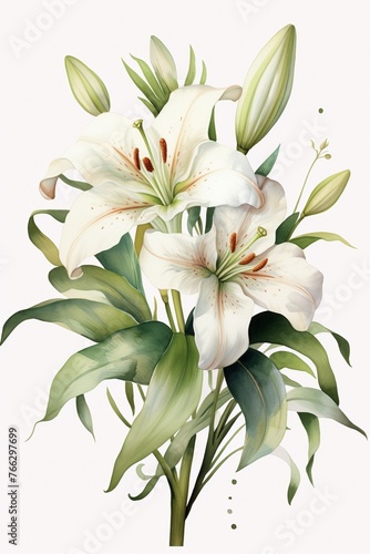 Watercolor lily clipart with elegant white petals and green stems © sitthisak